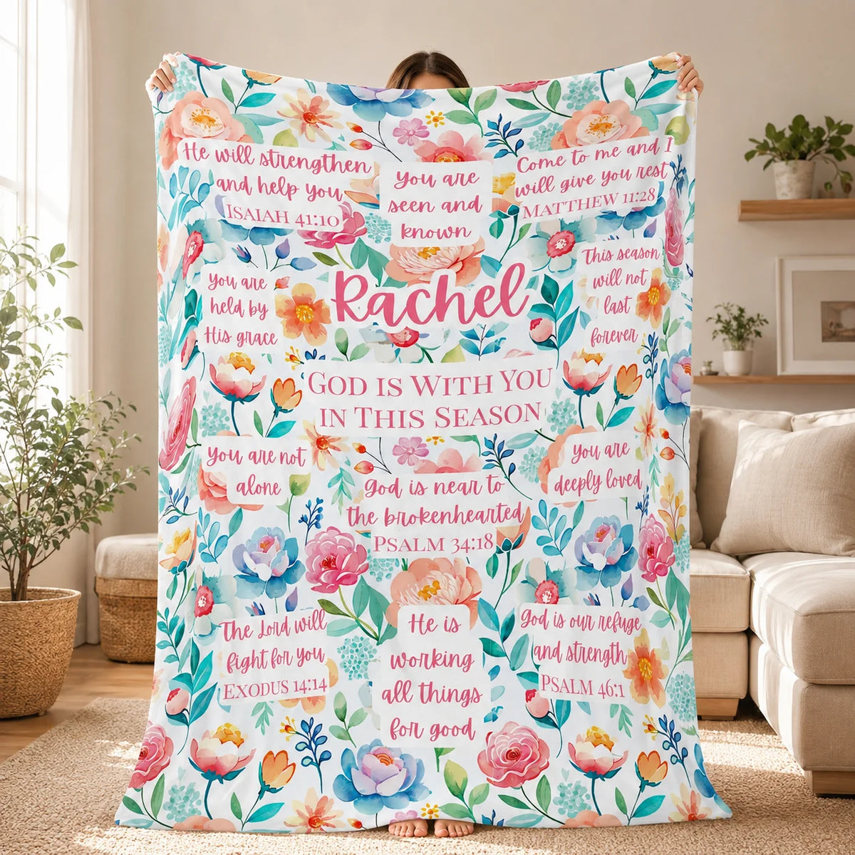 [Made-to-Order] Christian Encouragement Bible Verse Personalized Fleece Blanket Custom Floral Background Scripture Comfort Gift for Women