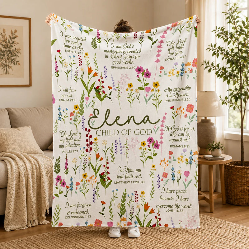 [Made-to-Order] Child of God Custom Name Bible Verse Blanket Floral Scripture Throw Personalized Christian Gift