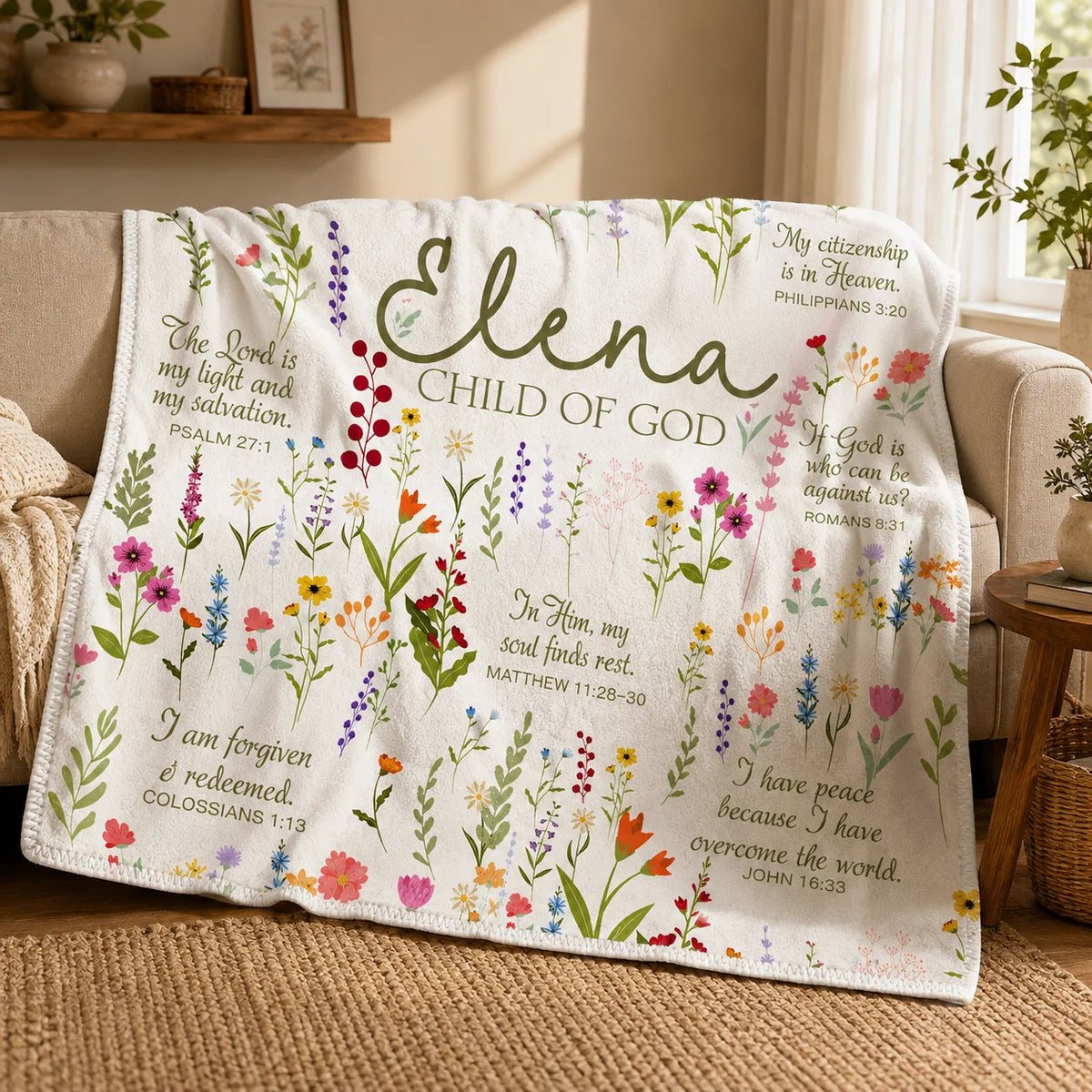 [Made-to-Order] Child of God Custom Name Bible Verse Blanket Floral Scripture Throw Personalized Christian Gift