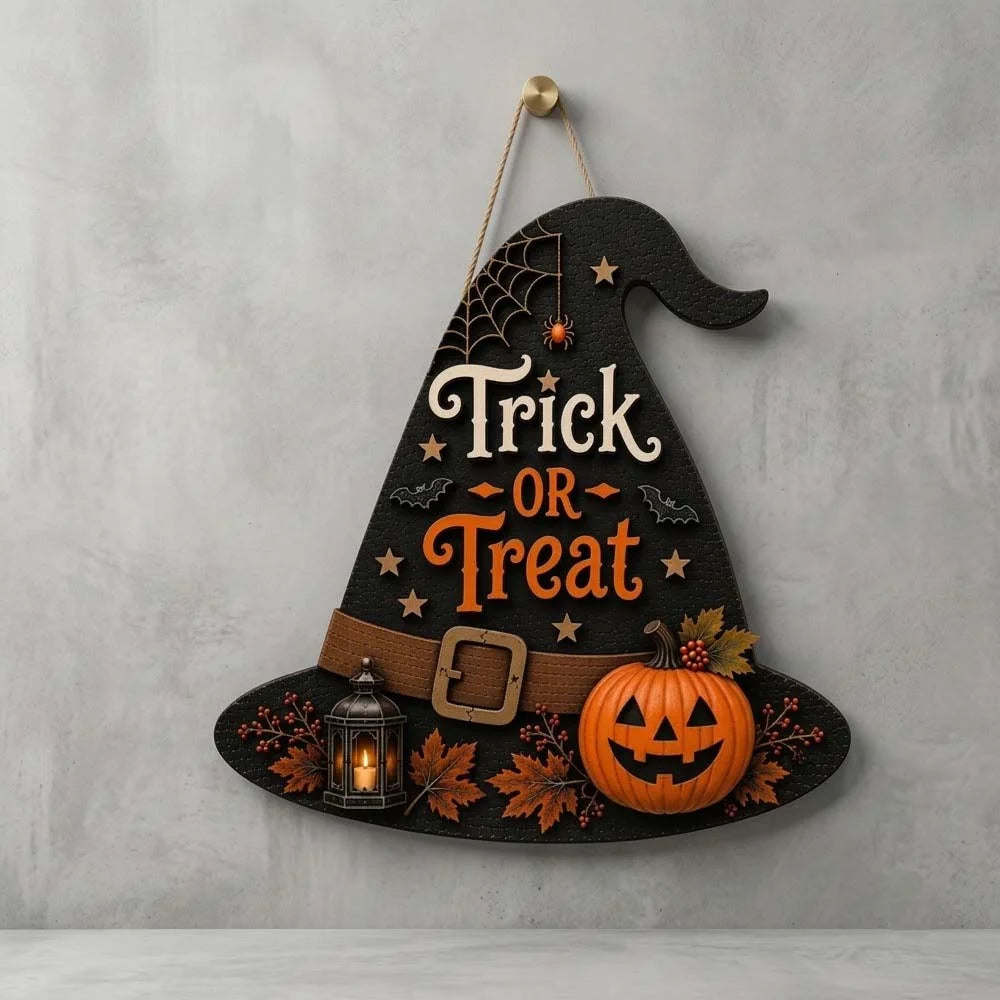 Trick Or Treat Witch Hat Halloween Wall Hanging Sign Front Door Decor