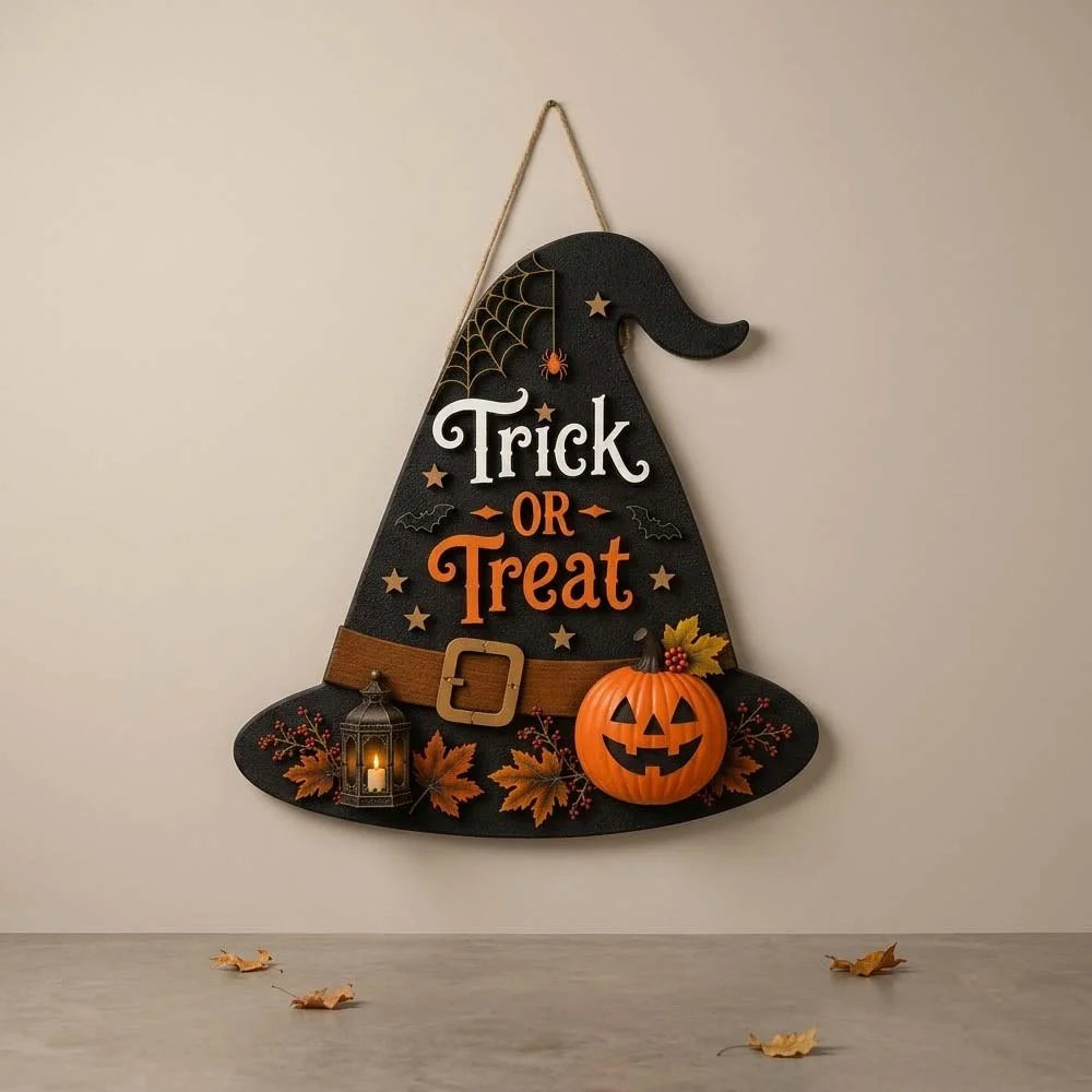 Trick Or Treat Witch Hat Halloween Wall Hanging Sign Front Door Decor