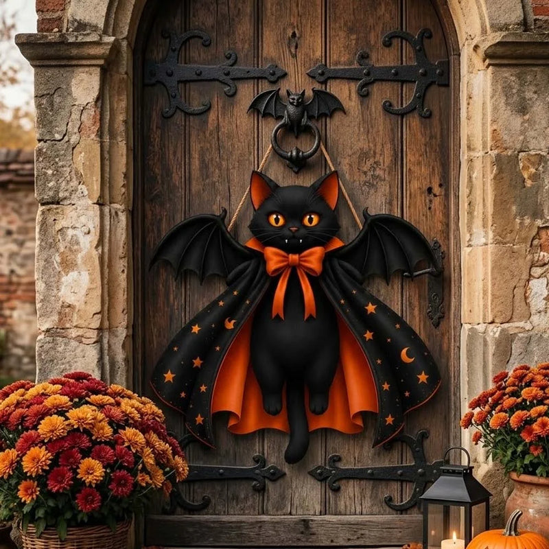 Halloween Bat Cat Door Hanger Spooky Black Cat Porch Decor Sign