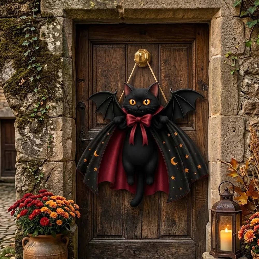Halloween Bat Cat Door Hanger Spooky Black Cat Porch Decor Sign