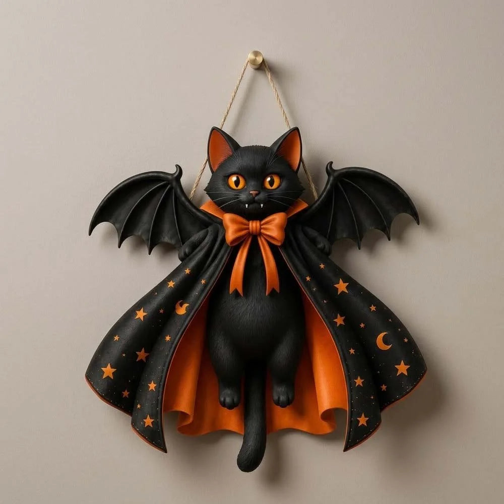 Halloween Bat Cat Door Hanger Spooky Black Cat Porch Decor Sign
