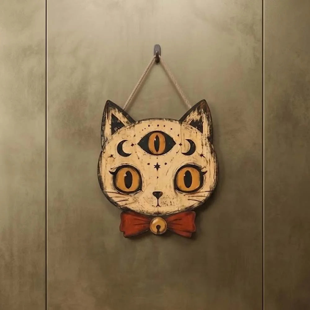 Spooky Cat Skull Wooden Door Hanger Gothic Halloween Front Door Sign