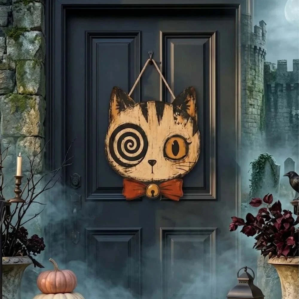 Spooky Cat Skull Wooden Door Hanger Gothic Halloween Front Door Sign