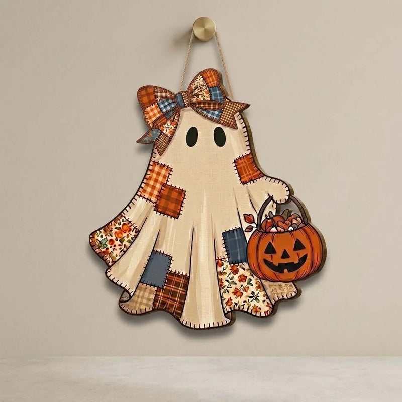 Patchwork Ghost Jack O Lantern Halloween Wall Hanging Decor Rustic Fall Door Sign
