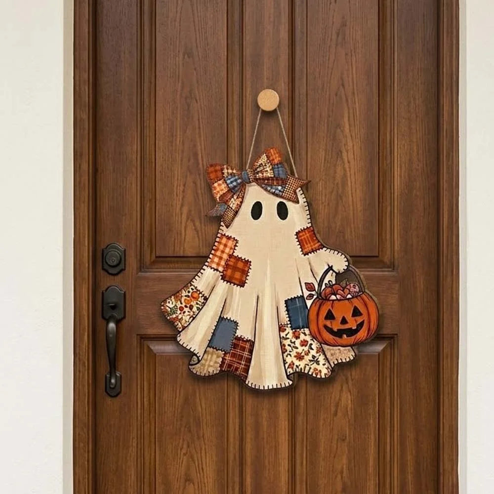 Patchwork Ghost Jack O Lantern Halloween Wall Hanging Decor Rustic Fall Door Sign