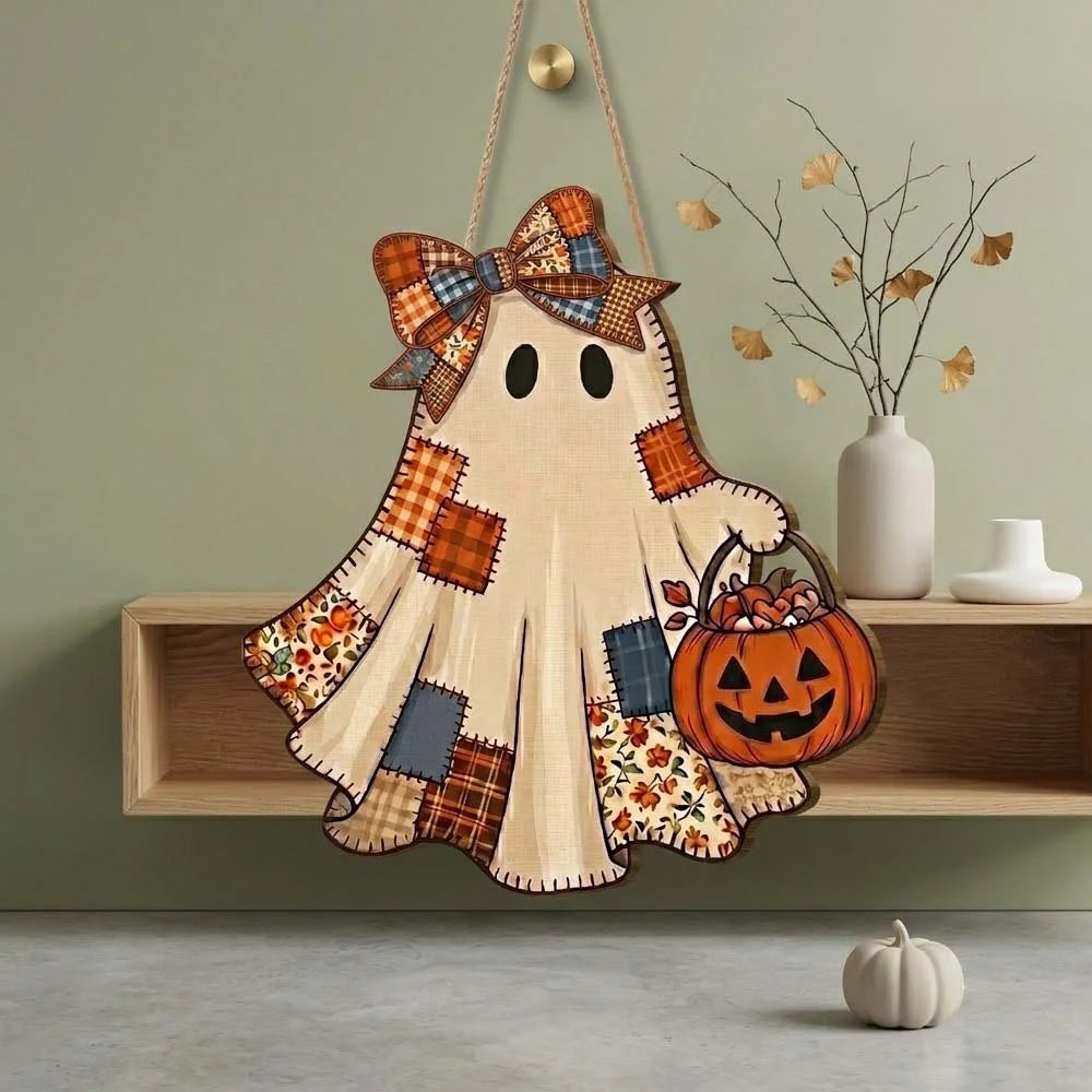 Patchwork Ghost Jack O Lantern Halloween Wall Hanging Decor Rustic Fall Door Sign