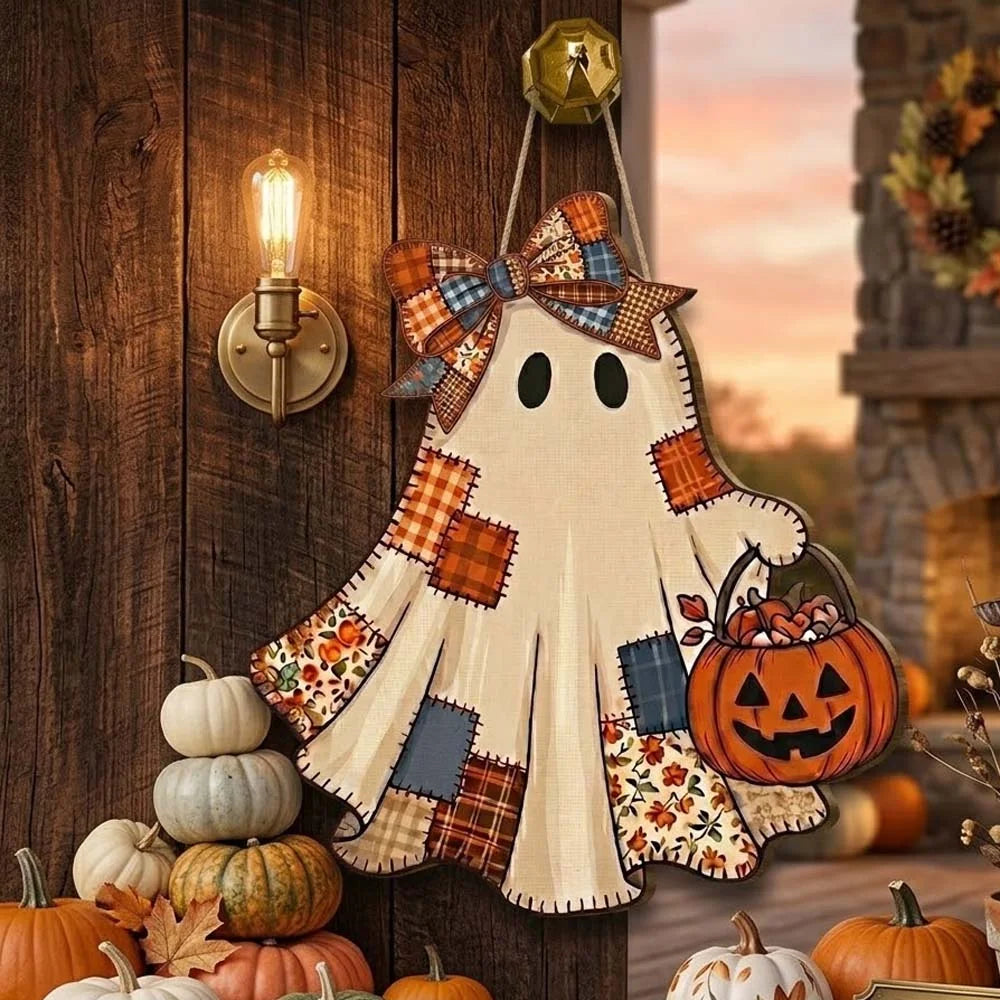 Patchwork Ghost Jack O Lantern Halloween Wall Hanging Decor Rustic Fall Door Sign