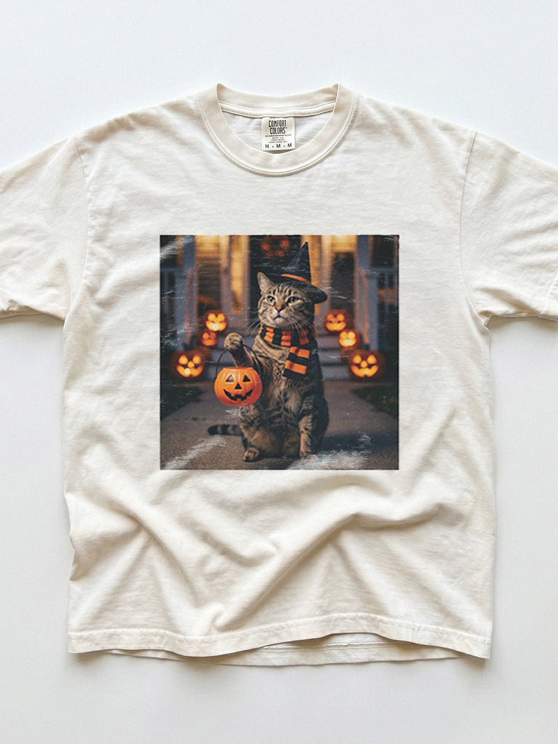 Halloween Cat and Pumpkins T-Shirt Spooky Cute Witch Graphic Tee for Fall