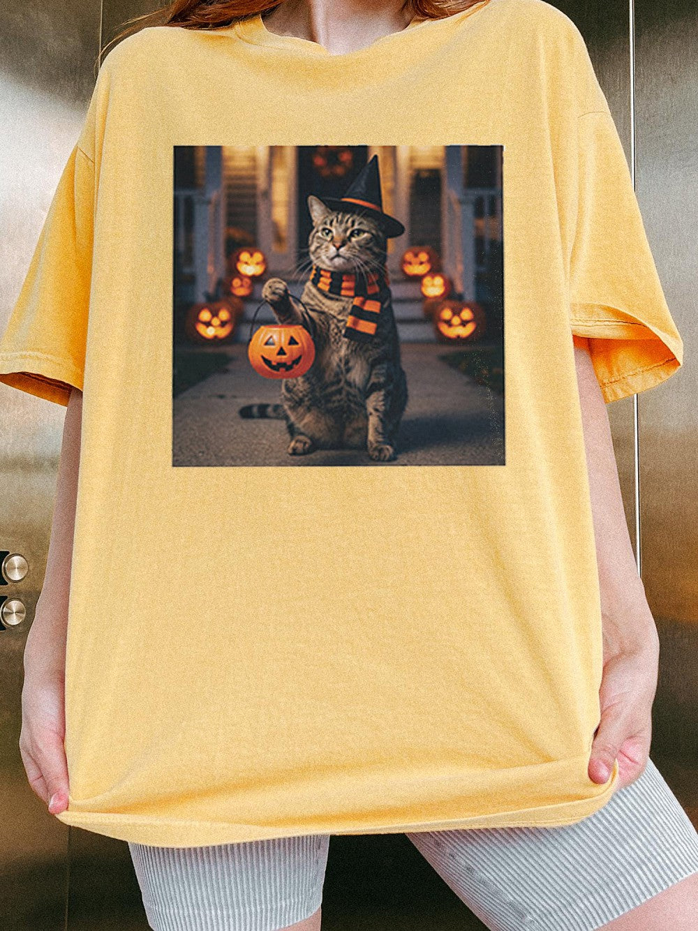 Halloween Cat and Pumpkins T-Shirt Spooky Cute Witch Graphic Tee for Fall