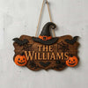 Personalized Halloween Witch Hat and Pumpkin Wooden Hanging Sign
