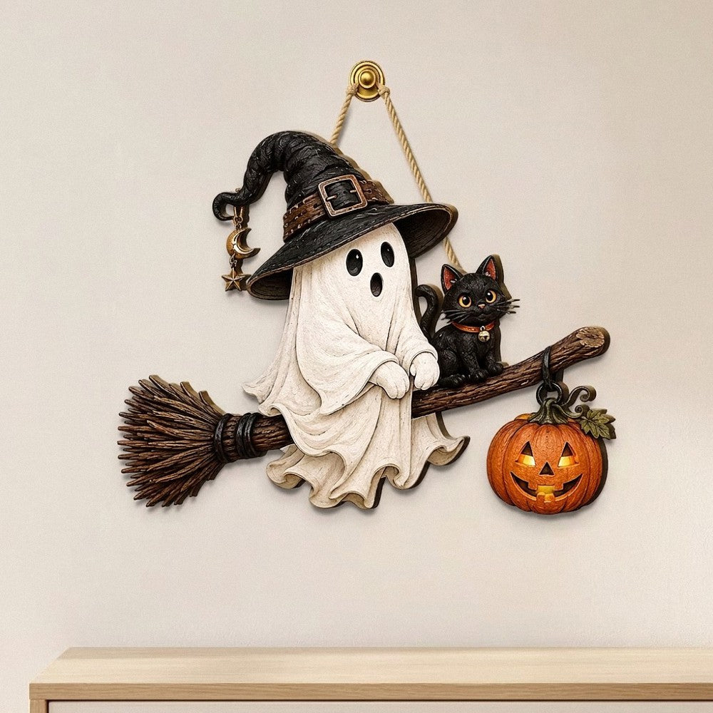 Vintage Halloween Ghost and Black Cat Broomstick Wooden Door Hanger 1 Layer