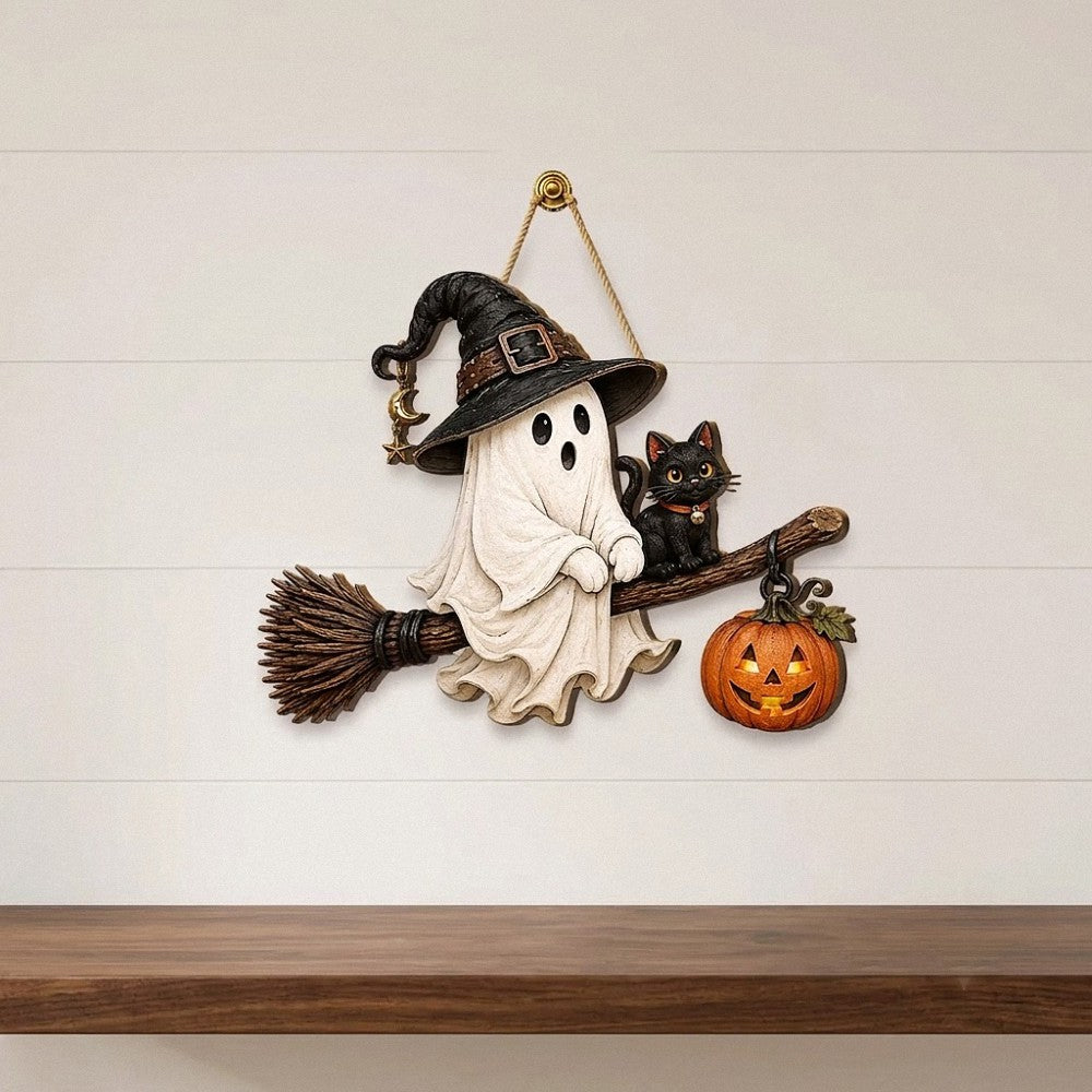Vintage Halloween Ghost and Black Cat Broomstick Wooden Door Hanger 1 Layer