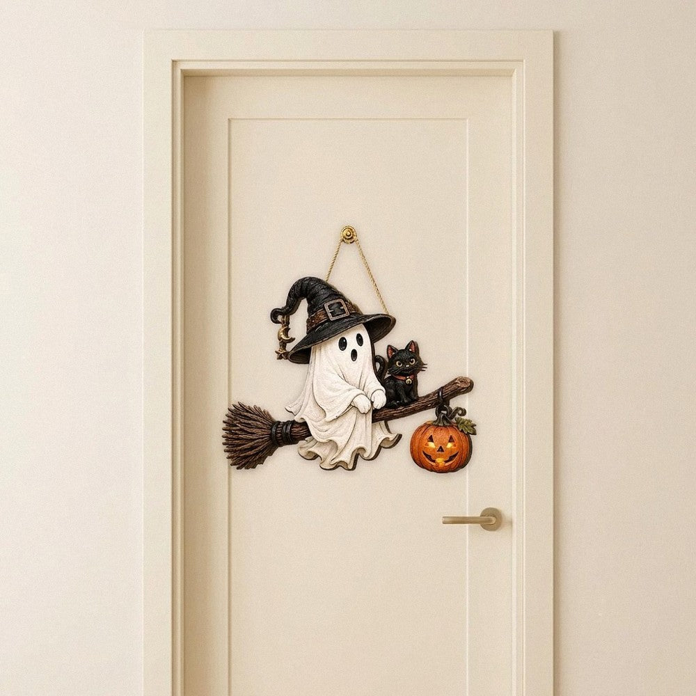Vintage Halloween Ghost and Black Cat Broomstick Wooden Door Hanger 1 Layer
