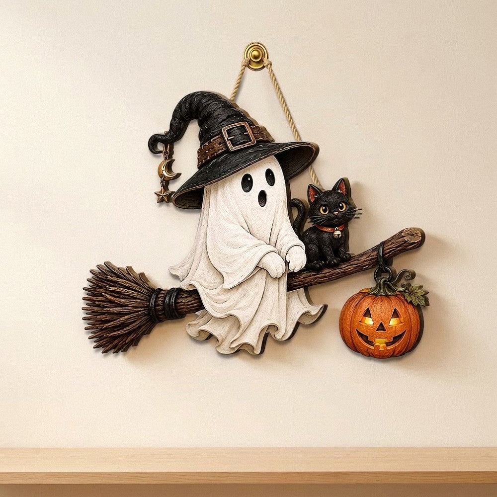 Vintage Halloween Ghost and Black Cat Broomstick Wooden Door Hanger 1 Layer