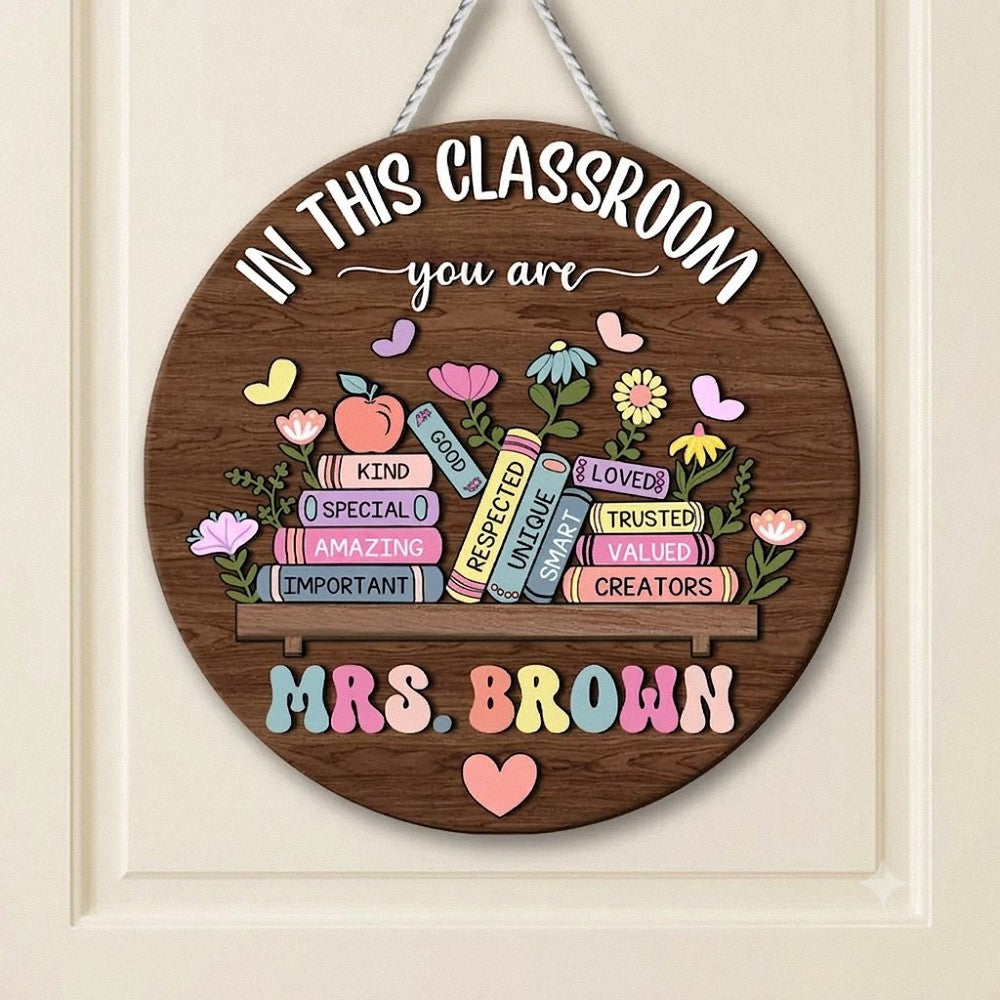 Positive Affirmations Classroom Custom Teacher Name Round Wooden Door Hanger 2 Layer