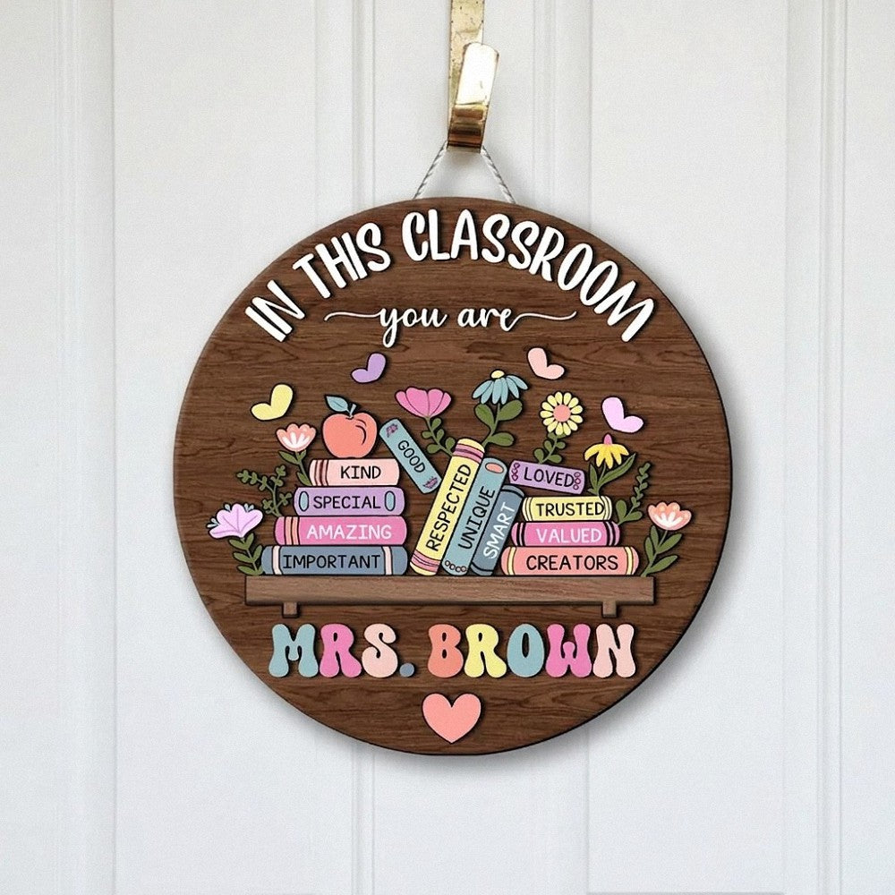 Positive Affirmations Classroom Custom Teacher Name Round Wooden Door Hanger 2 Layer