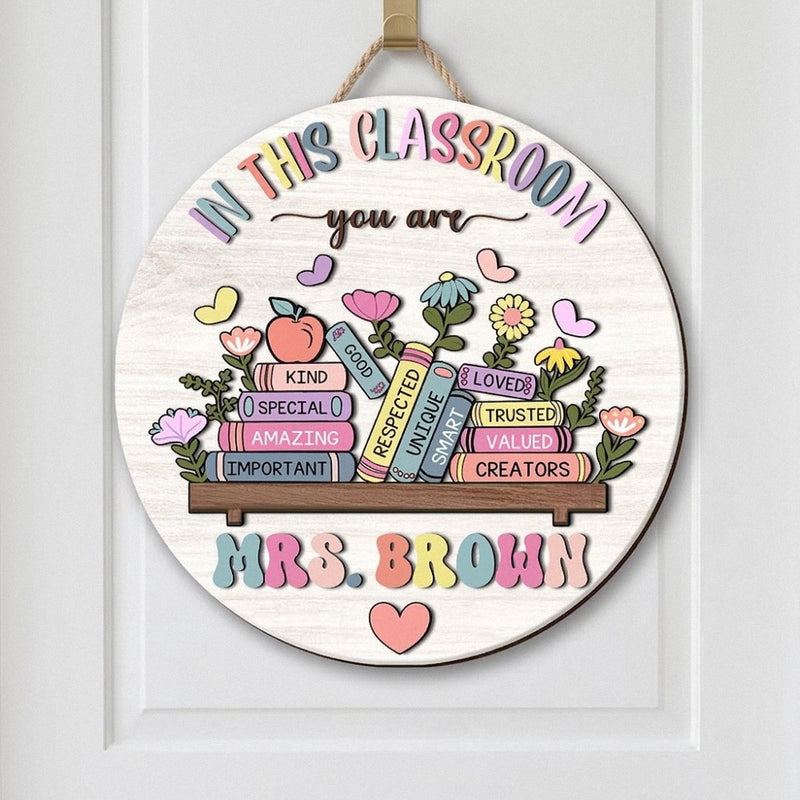 Positive Affirmations Classroom Custom Teacher Name Round Wooden Door Hanger 2 Layer