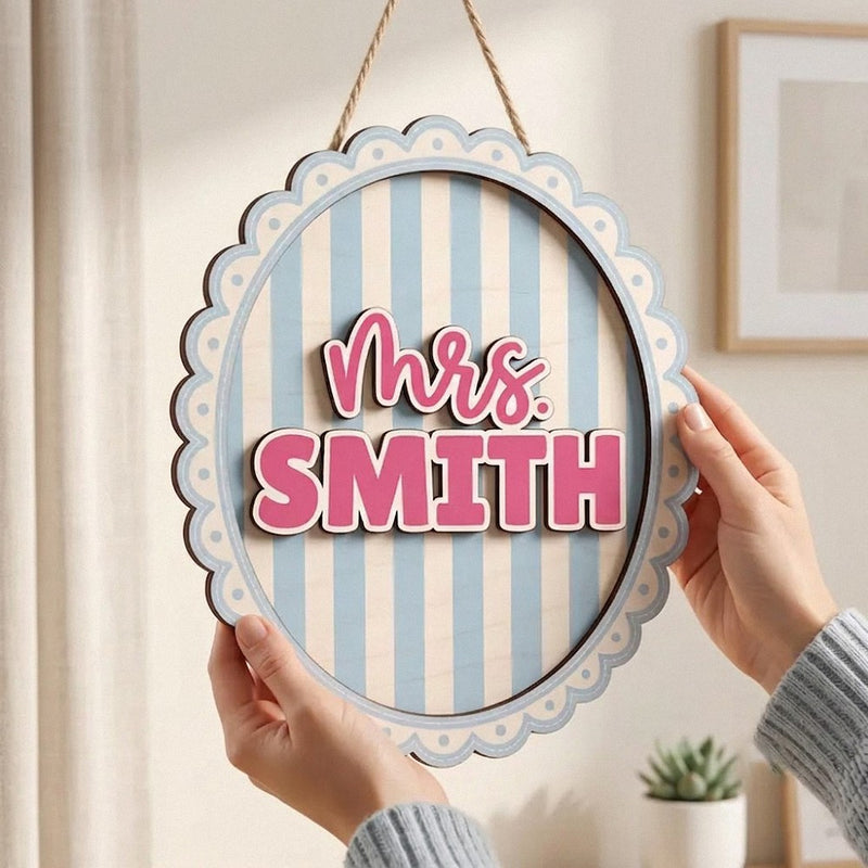 Personalized Teacher Name Door Sign Custom Scalloped Hanging Wooden Sign Classroom Decor Gift
