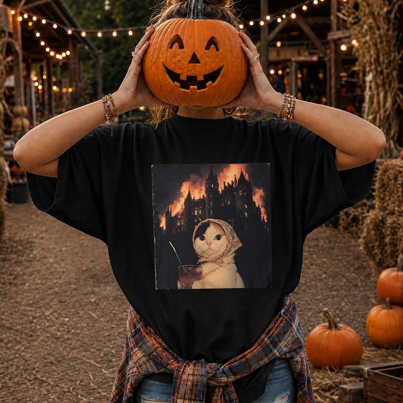 Babushka Cat Burning Castle Graphic Tee Surreal Vintage Halloween Shirt