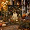 Floral Ghost Garden Flag with Witch Hat, Fall Botanical Halloween Yard Decor