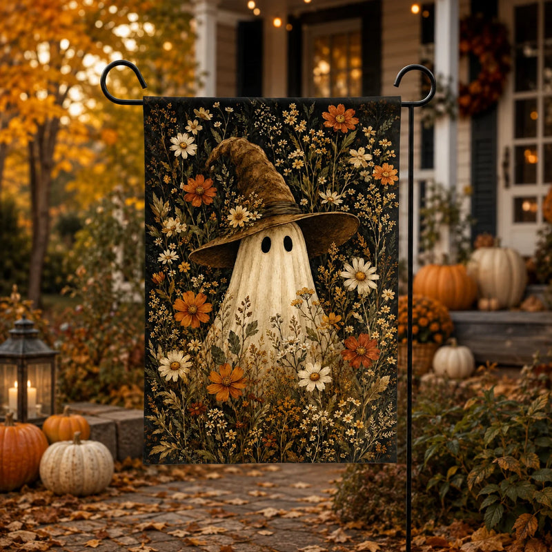 Floral Ghost Garden Flag with Witch Hat, Fall Botanical Halloween Yard Decor