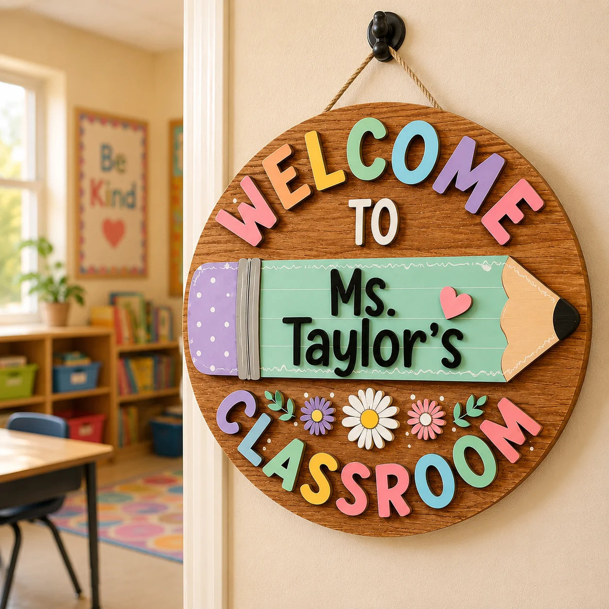 Welcome to Our Classroom Personalized Round Wood Hanging Door Sign Teacher Gift