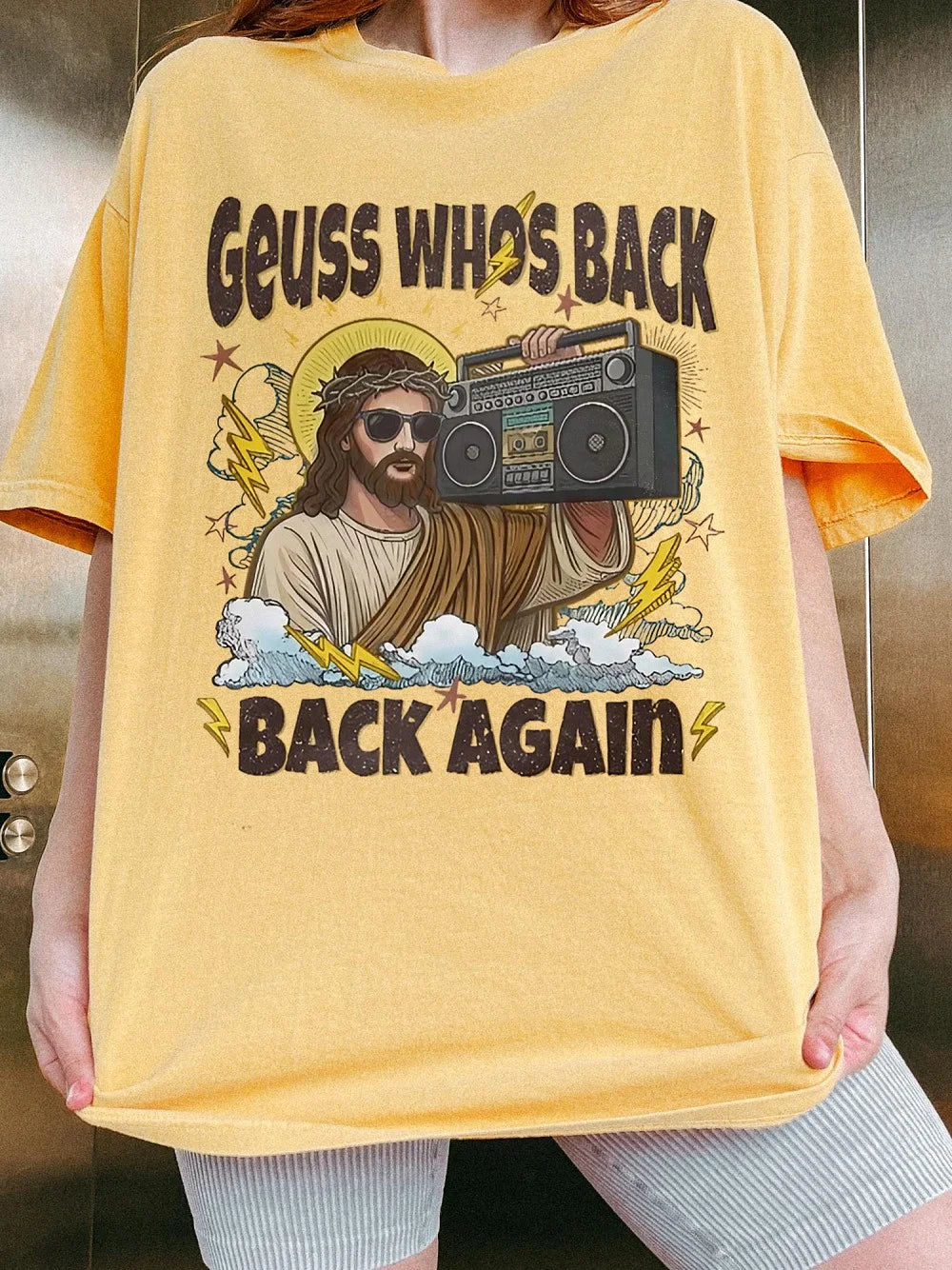 Guess Who's Back Back Again Funny Retro Jesus Parody Tee for Music Fans