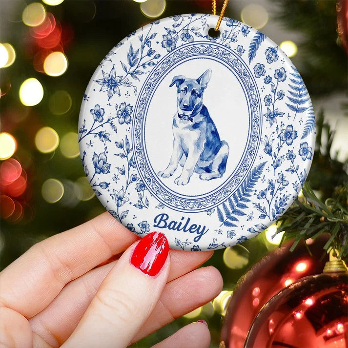 Custom Pet Portrait Floral Ceramic Christmas Ornament Personalized Dog and Cat Keepsake