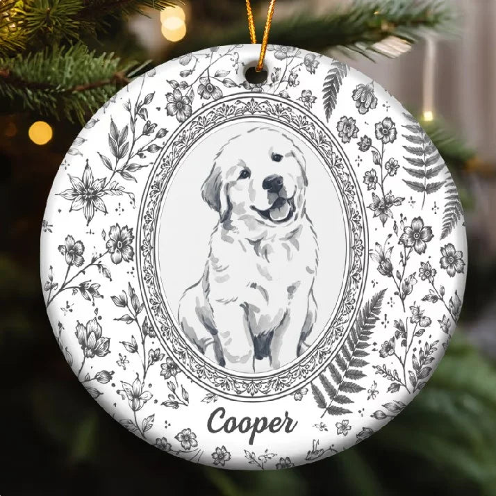 Custom Pet Portrait Floral Ceramic Christmas Ornament Personalized Dog and Cat Keepsake