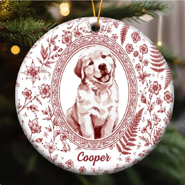 Custom Pet Portrait Floral Ceramic Christmas Ornament Personalized Dog and Cat Keepsake
