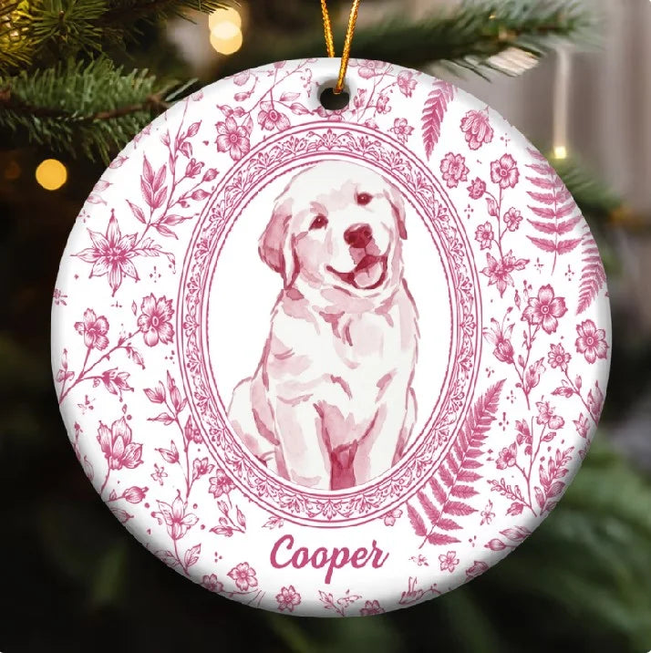 Custom Pet Portrait Floral Ceramic Christmas Ornament Personalized Dog and Cat Keepsake