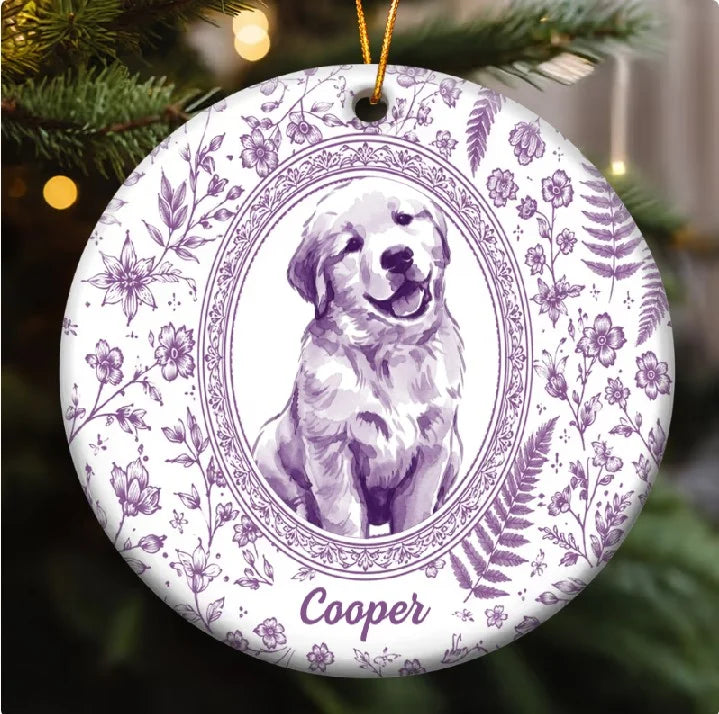 Custom Pet Portrait Floral Ceramic Christmas Ornament Personalized Dog and Cat Keepsake