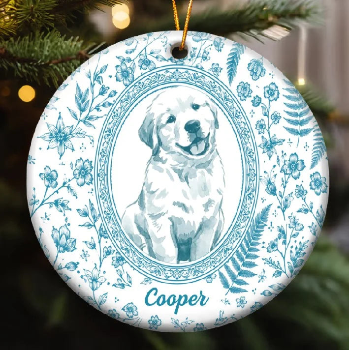 Custom Pet Portrait Floral Ceramic Christmas Ornament Personalized Dog and Cat Keepsake