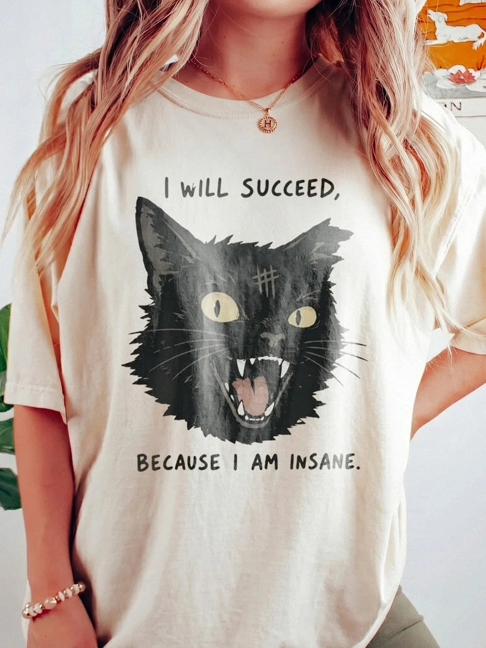 Unhinged Black Cat I Will Succeed Because I Am Insane Sweatshirt Funny Dark Humor Slogan Pullover