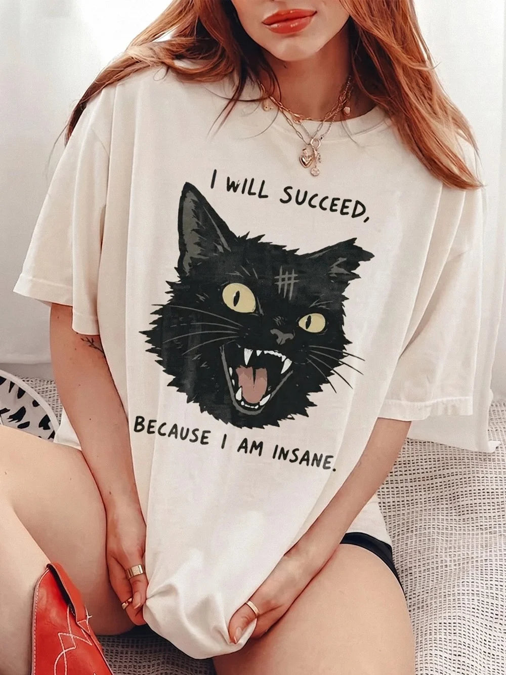 Unhinged Black Cat I Will Succeed Because I Am Insane Sweatshirt Funny Dark Humor Slogan Pullover
