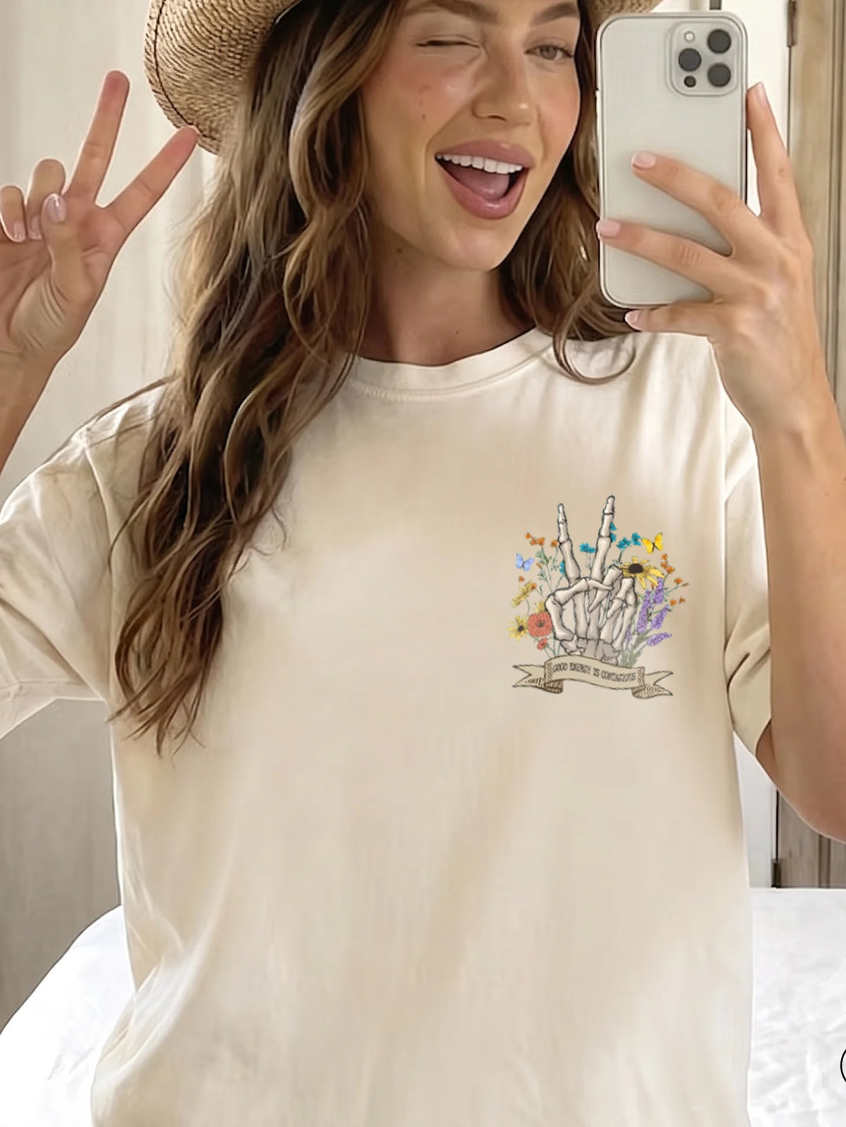 Good Energy Is Contagious Floral Skeleton Peace Sign T-Shirt Positive Vibes Gift