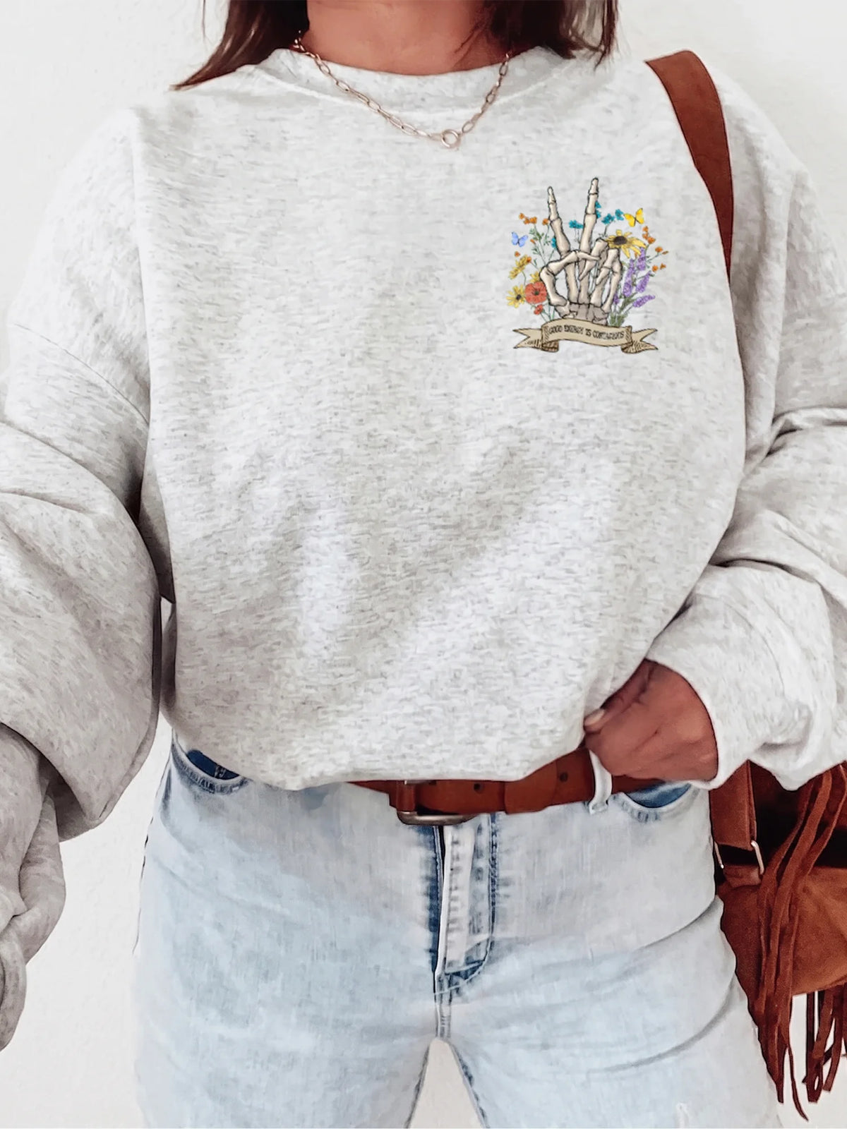 Good Energy Is Contagious Floral Skeleton Peace Sign T-Shirt Positive Vibes Gift