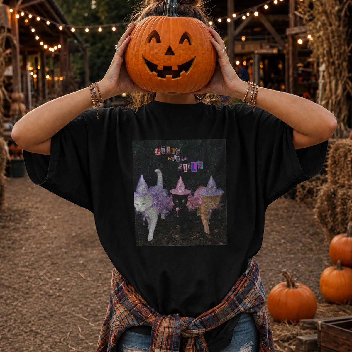 Girls Will Be Girls Witch Cat T-Shirt Spooky Season Halloween Fall Apparel