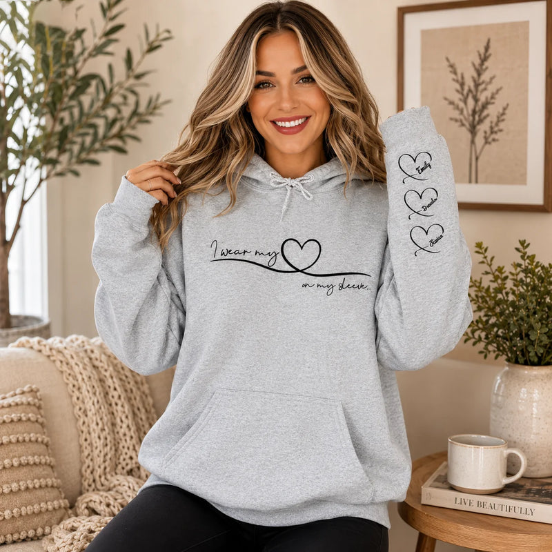 I Wear My Heart On My Sleeve Custom Mom Hoodie Personalized Family Name Sweatshirt