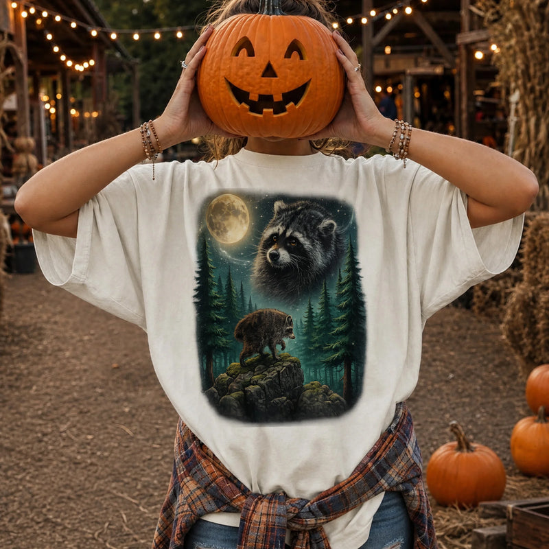 Vintage Raccoon Moon Forest T-Shirt Cute Woodland Wildlife Graphic Tee