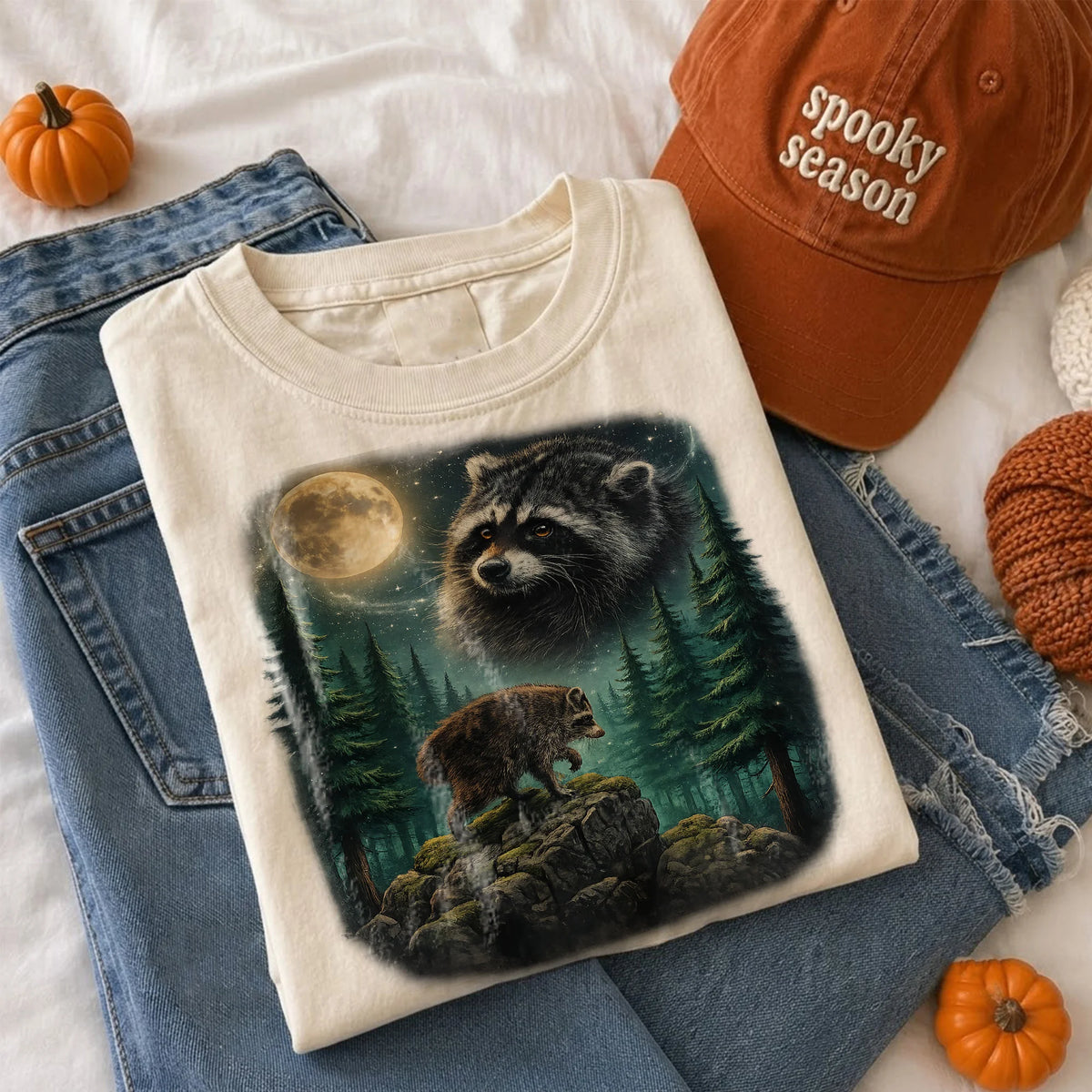 Vintage Raccoon Moon Forest T-Shirt Cute Woodland Wildlife Graphic Tee