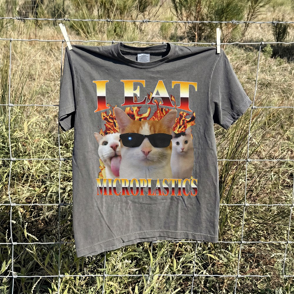 I Eat Microplastics Funny Cat Meme T-Shirt Eco Satire Graphic Tee