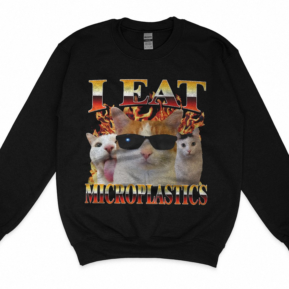 I Eat Microplastics Funny Cat Meme T-Shirt Eco Satire Graphic Tee