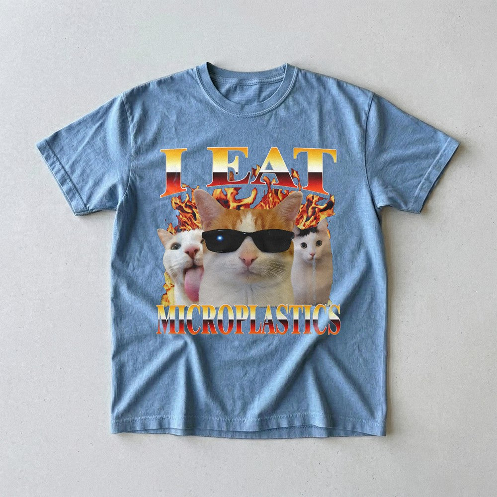 I Eat Microplastics Funny Cat Meme T-Shirt Eco Satire Graphic Tee