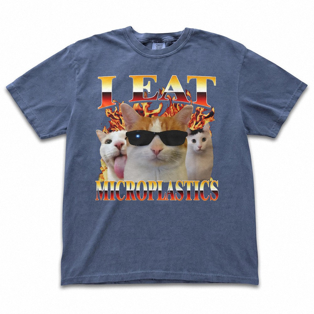 I Eat Microplastics Funny Cat Meme T-Shirt Eco Satire Graphic Tee
