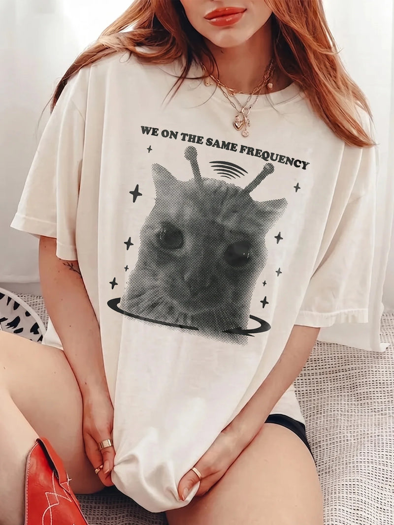 We On the Same Frequency Graphic Tee Y2K Alien Cat Shirt for Best Friends