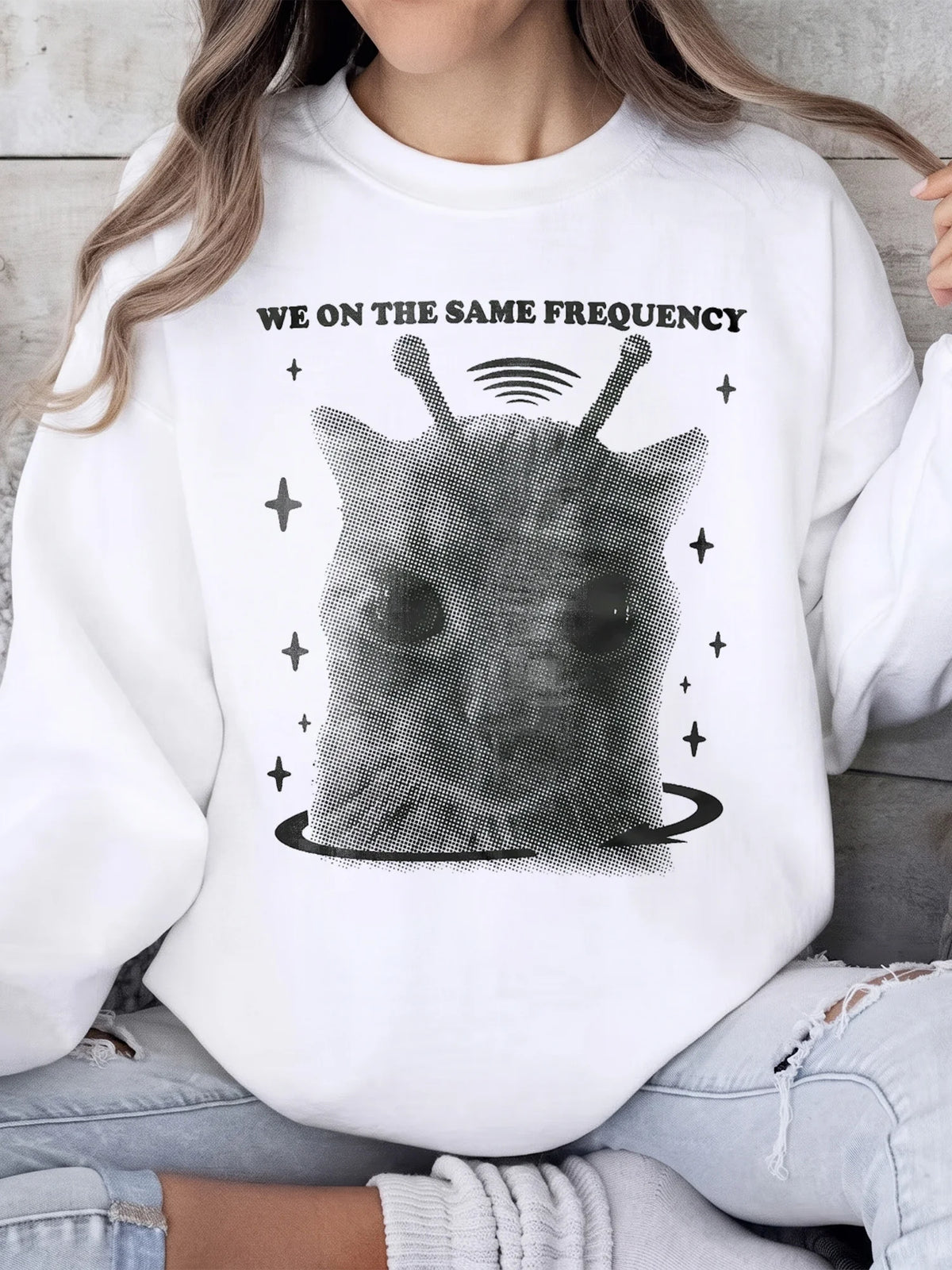 We On the Same Frequency Graphic Tee Y2K Alien Cat Shirt for Best Friends